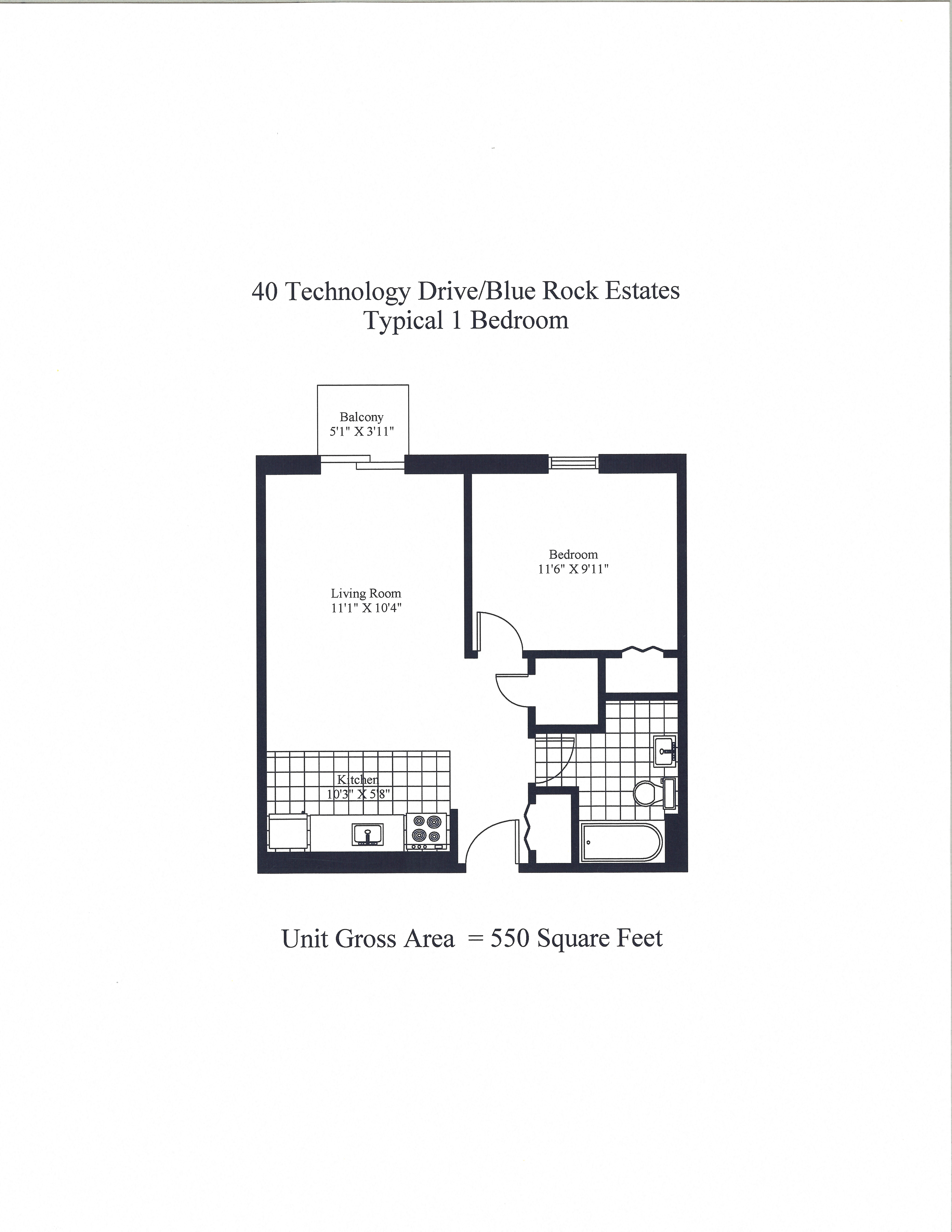 Floor plan for 1 bed, 1 bath, 506 sqft